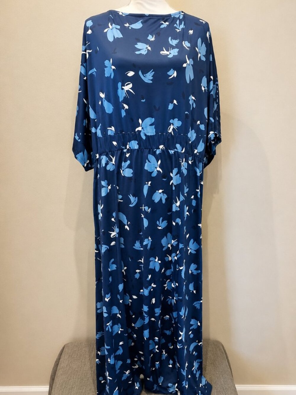 ELOQUII Blue Floral Empire Waist Kimono Sleeve Maxi Dress Plus Size 24